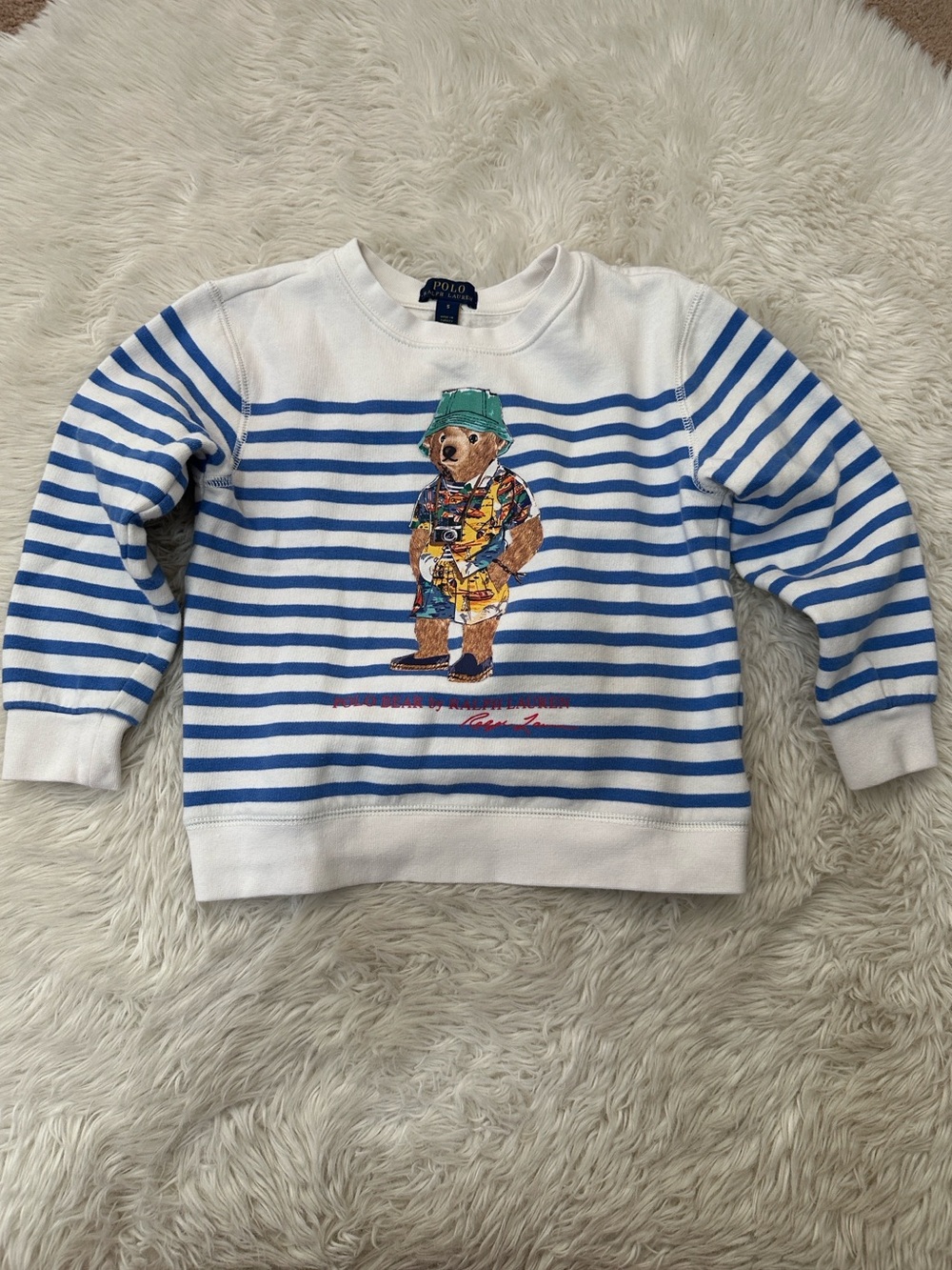Polo by Ralph Lauren White & Blue Striped Bear Crewneck Sweatshirt